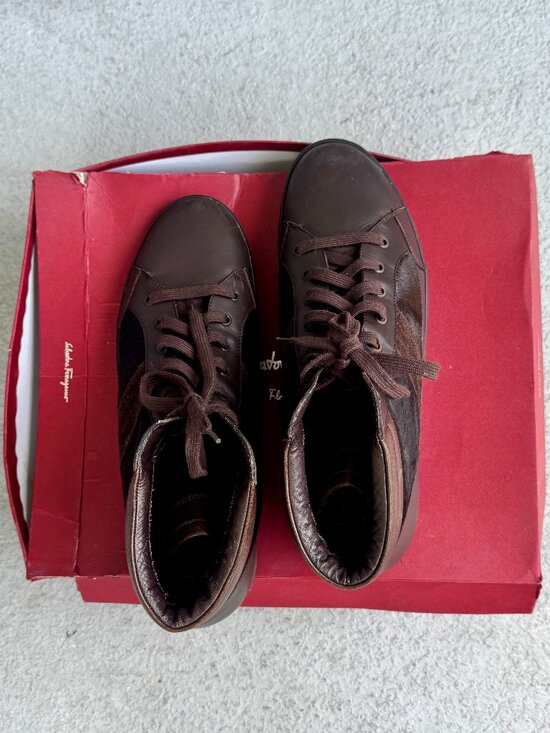 Salvatore Ferragamo TZ2882 Leather Pony Hair High Top Sneakers Brown 13 D